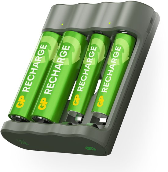 GP Recharge Ladegerät für AA- und AAA-Batterien – 4 Ladeschächte, USB-Anschluss, sicheres und schnelles Laden, kompaktes Ladegerät mit wiederaufladbaren Batterien: 2x AA 2100 mAh / 2x AAA 800 mAh