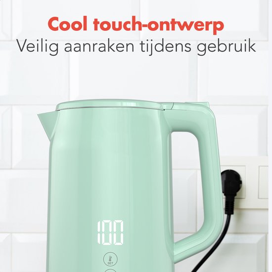 KitchenBrothers Wasserkocher - 1.7L - Mit Temperaturkontrolle - Elektrisch - Warmhaltefunktion - Display - Doppelwandig - Cool-touch - 2200W - Pastellgrün