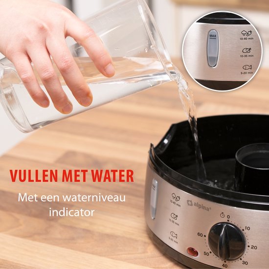 alpina Dampfgarer 9 l – Dampfgarer 800 W – Dampfgarer mit Timer und Warmhaltefunktion – 3-Etagen-Gemüsedampfgarer – Dampfgarer für Gemüse, Reis, Hähnchen, Obst, Fisch und Eier – Edelstahl