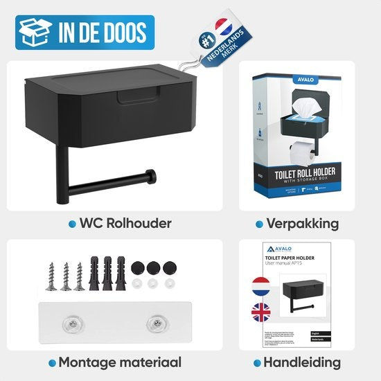 Avalo Toilettenpapierhalter mit Ablage - Schwarz - Selbstklebend / Bohren / Kein Bohren - Toilettenpapierhalter - Toilettenpapierhalter
