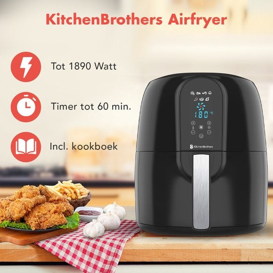 KitchenBrothers Airfryer XXL - Heißluftfritteuse XL - 1890W - 7.2L - Schwarz