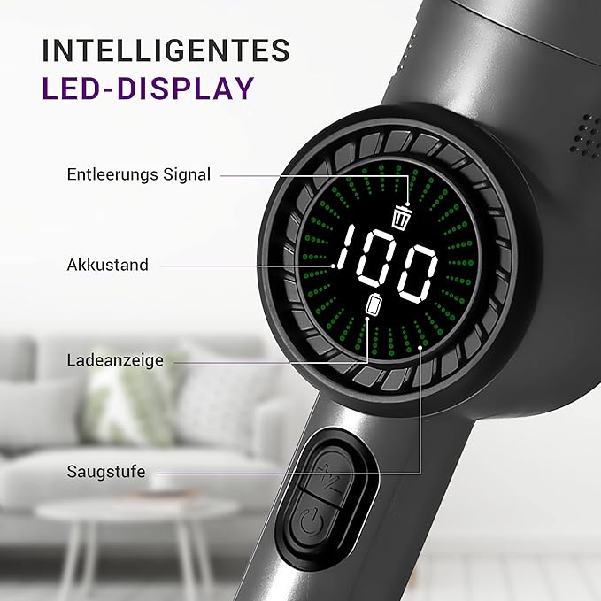 LEBENLANG Staubsauger - Kabellos - 17000PA - 135W - Starker Lithium-Akku - Inklusive Ladestation - Grau