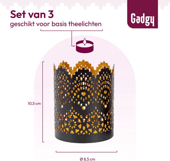 Gadgy Teelichthalter Rund - Teelichthalter 3er Set Dekoration Wohnzimmer - Stimmungsvolle Beleuchtung Innenräume - Kerzenhalter für Teelichter 8,5x10,5 cm - Windlicht Metall - Schwarz/Gold - Geschenk für Frau - Spitzenmuster