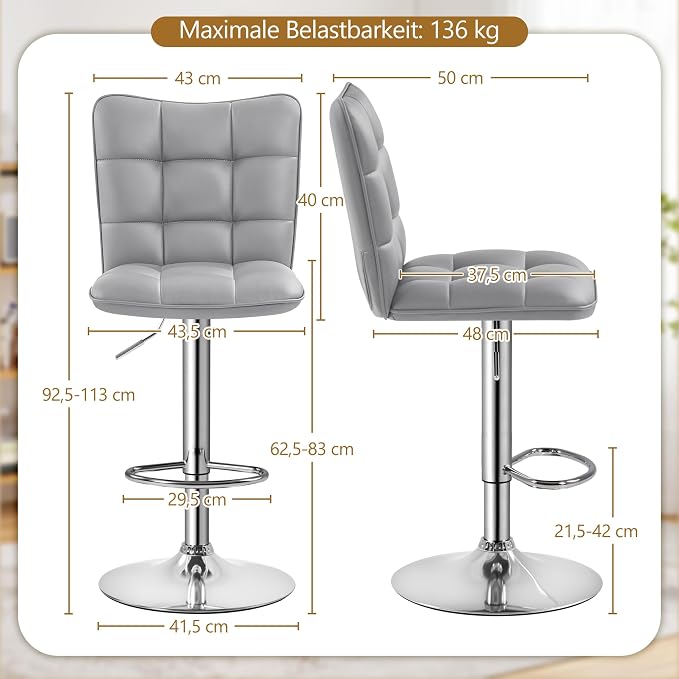 Yaheetech Barhocker – 2er-Set – Höhenverstellbar und um 360° drehbar – Hellgrau