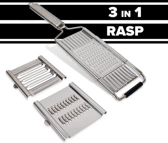 NimmaÂ¬Ã† Handrasp - 3-in-1 Rasp - Kaasrasp - Gemberrasp - Knoflookrasp - Groentesnijder - Mandoline Opzetstuk - Rvs Rasp