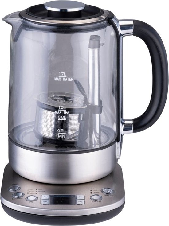 alpina Wasserkocher mit Teekorb - 1,7 L - 2200 W - Wasserkocher - Teezubereiter - Wasserkocher - Warmhaltefunktion - Trockengehschutz - Digitalanzeige - Edelstahl - Glas