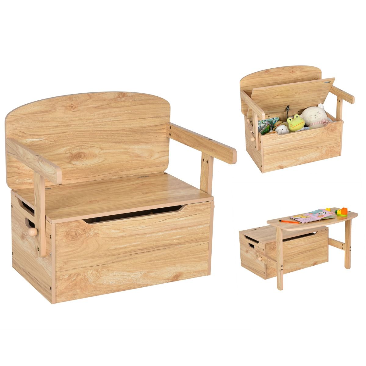 3-in-1-Kinderspieltisch mit Bank und Aufbewahrungsbox – 60 x 56,5 x 43,5 cm – Naturfarben