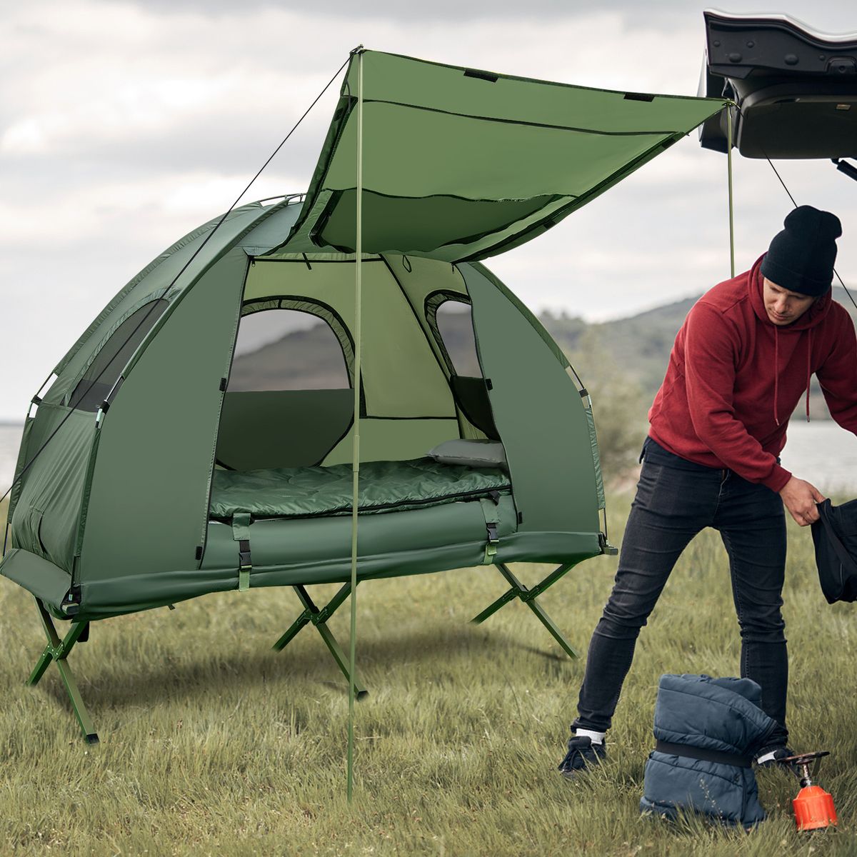 Coast Feldbett mit Zelt – 5-in-1-Camping-Set – Luftmatratze, Schlafsack und Kissen – Grün – 194 x 87 x 167 cm