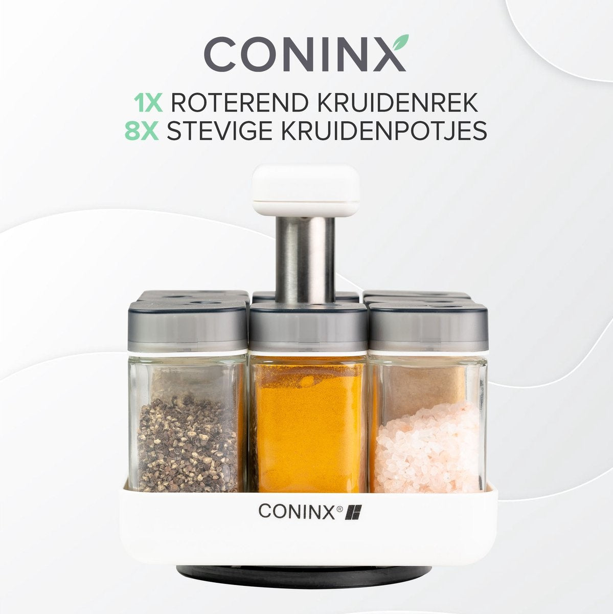 Coninx Gewürzregal Upright - Rotierendes Gewürzregal mit Glasbehältern - Gewürzkarussell drehbar - 8 Gewürzbehälter - Weiß / Edelstahl