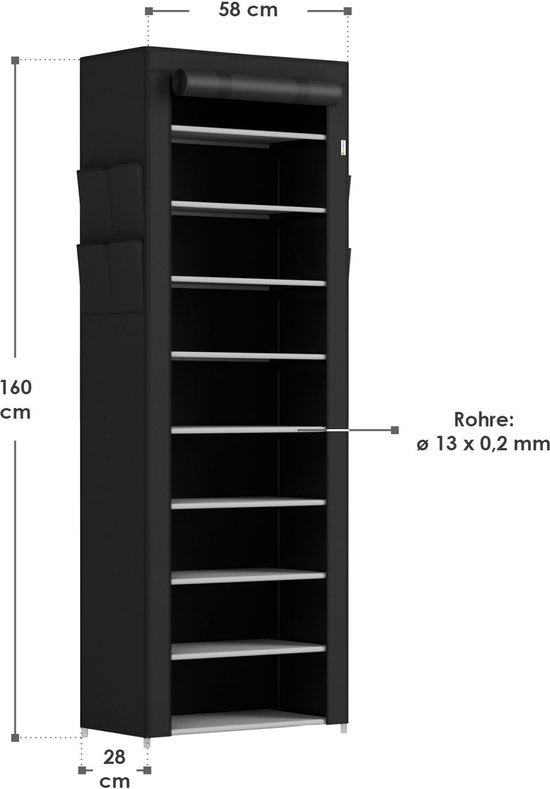 Schuhschrank / Schuhregal M - 9 Ebenen - Stoff - Schwarz - Inkl. Seitentaschen