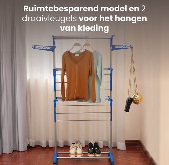 Shine Zusammenklappbarer Wäscheständer mit 3 Etagen und Rädern - Trockenturm - Wäscheständer mit 18 Stangen und 2 Haken - Edelstahl - Verstärktes ABS - 15 Meter Wäscheleine