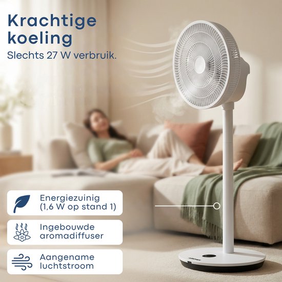 Aironex Ventilator – Leiser Standventilator mit 26 Geschwindigkeitsstufen – Steuerung per App – Geringer Stromverbrauch – Weiß – Mit Aromafunktion und WLAN – Timer und Nachtmodus – Höhenverstellbar – Horizontale + vertikale Schwenkfunktion
