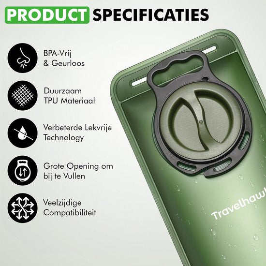 Travelhawk Wasserbeutel - Trinkbeutel - Geeignet für Camelbak Trinkrucksack - Festival Wasserbeutel - BPA frei - 2 Liter - Grün