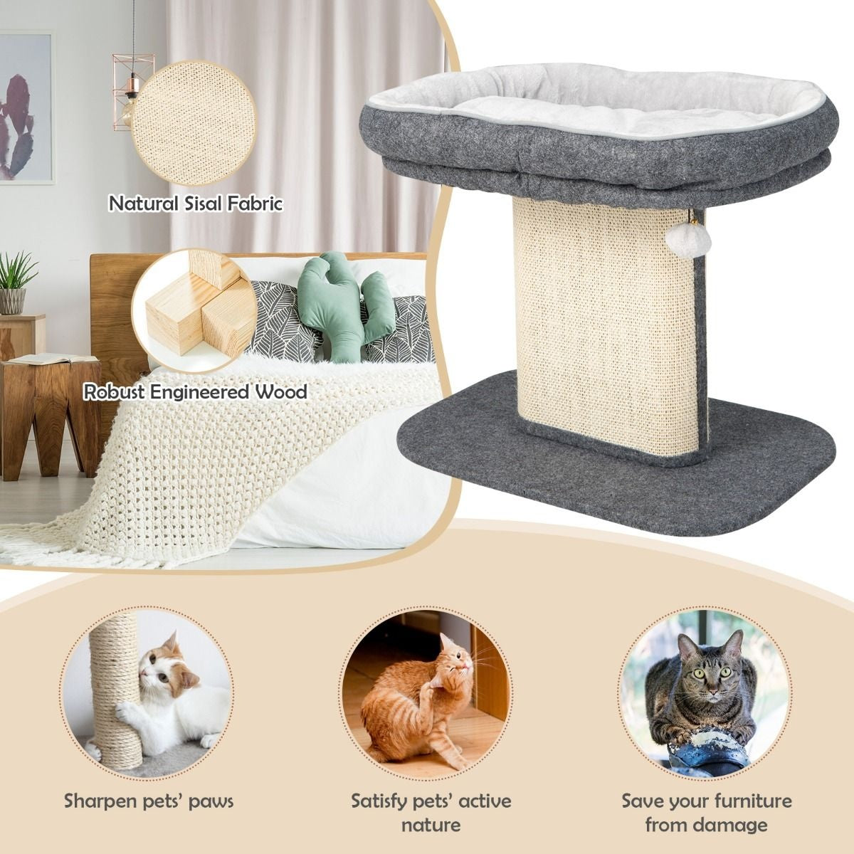 Coast Modern Kratzbaum Katzenmöbel mit großem Plüschsessel und Sisalkratzbrett grau