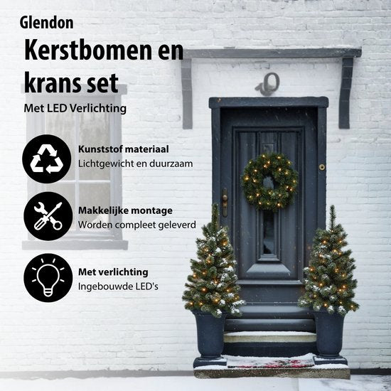 Black Box Trees Glendon Weihnachtsbaum- und Weihnachtskranz-Set – 2 künstliche Weihnachtsbäume und 1 Kranz mit LED-Beleuchtung – Grün