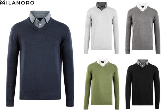 Milanoro - Herren Pullover mit Hemdkragen - Dunkelgrau - XXL