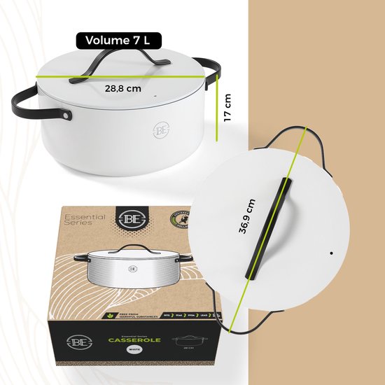 BE Living Essential Kasserolle mit Deckel - Ø 28 cm - Kochtopf - Keramik - PFAS-frei - Induktion - Weiß