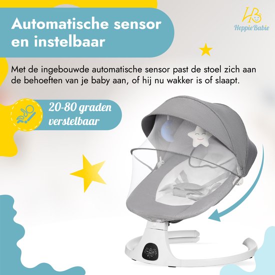 HeppieBabie Electric Rocker - Musik- und Schaukeloptionen - 5-Punkt-Gurt - Babyschaukel - Babyschaukel - Mit Ebook