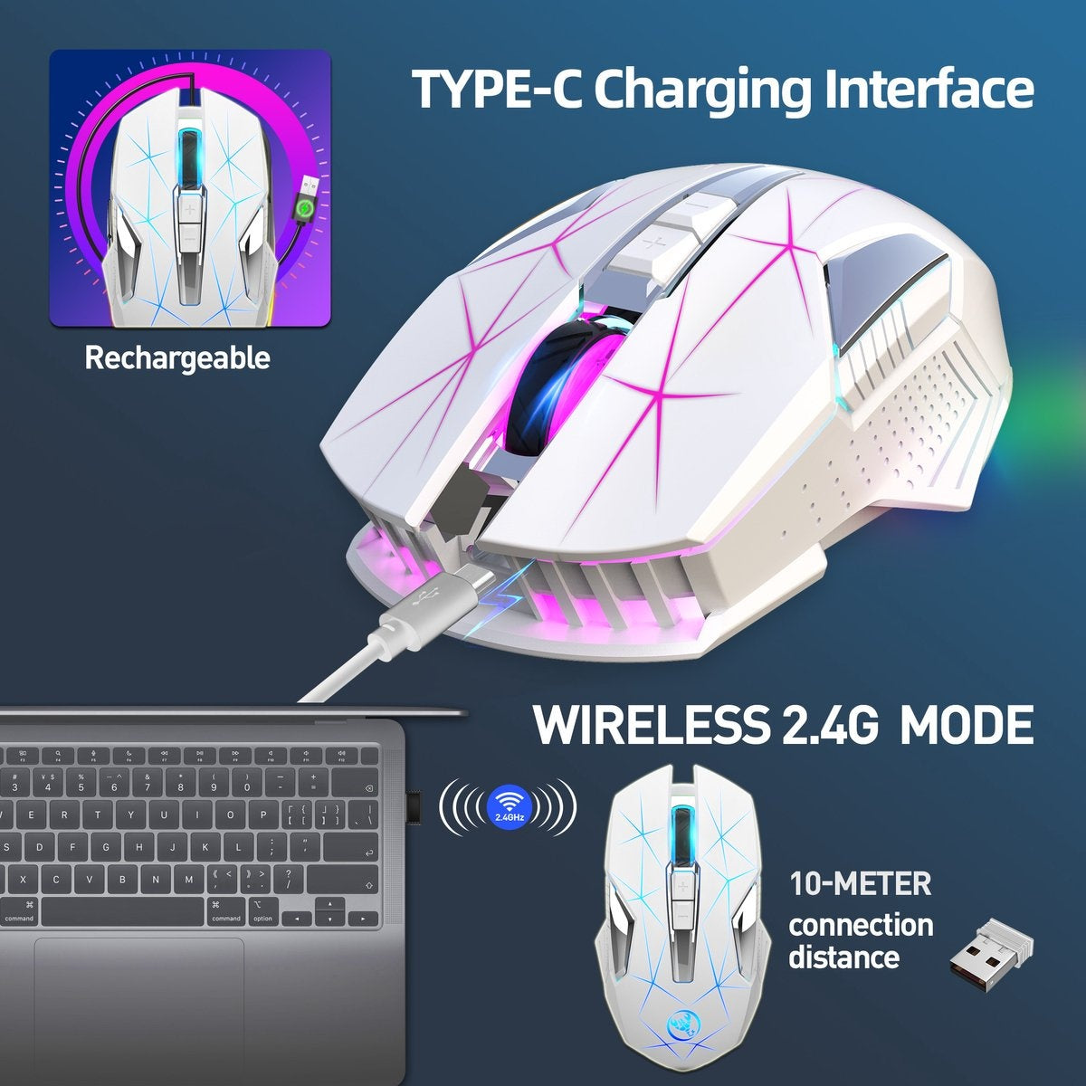 HXSJ T300 2.4G Wireless Gaming Mouse - Computermäuse - Ultraleicht - Kompakt für unterwegs - RGB-Beleuchtung - Weiß