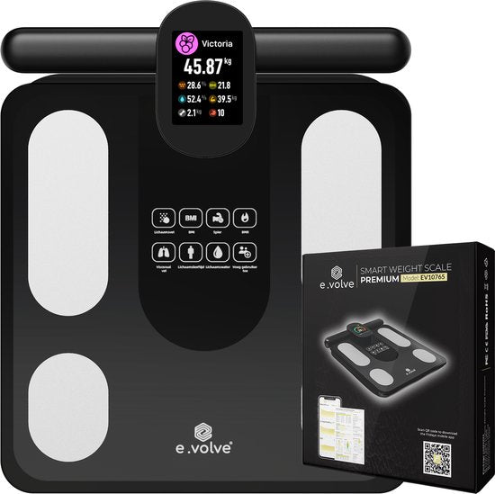 e.volve X11 Waage – Digitale Personenwaage – Intelligente Waage mit 32 Körperanalysen – Über USB aufladbar – Inkl. App & Tragegriff