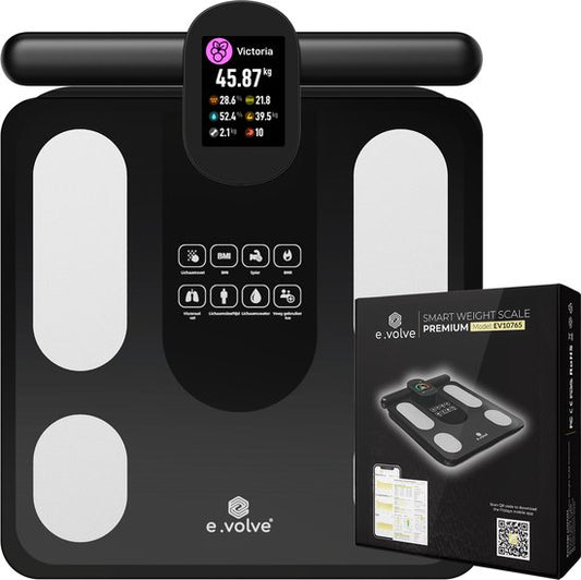 e.volve X11 Waage – Digitale Personenwaage – Intelligente Waage mit 32 Körperanalysen – Über USB aufladbar – Inkl. App & Tragegriff