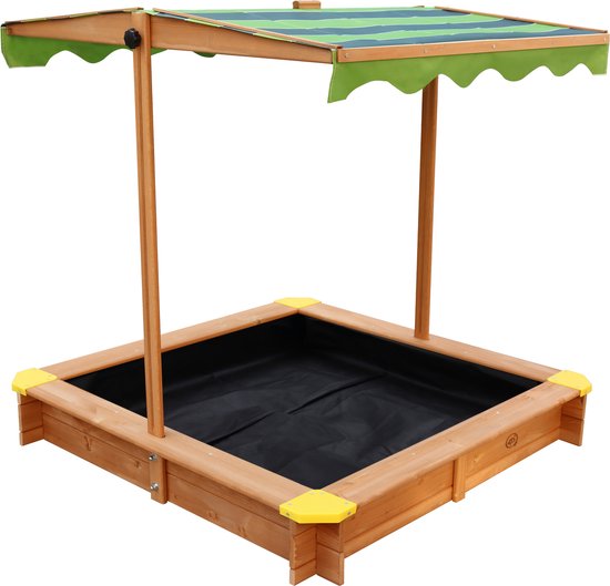 AXI Lily Holzsandkasten mit verstellbarem Dach in Braun/Grün – Mit Sitzbänken, Bodenplane und Schutzhülle – FSC-zertifiziertes Holz – 118 x 118 cm