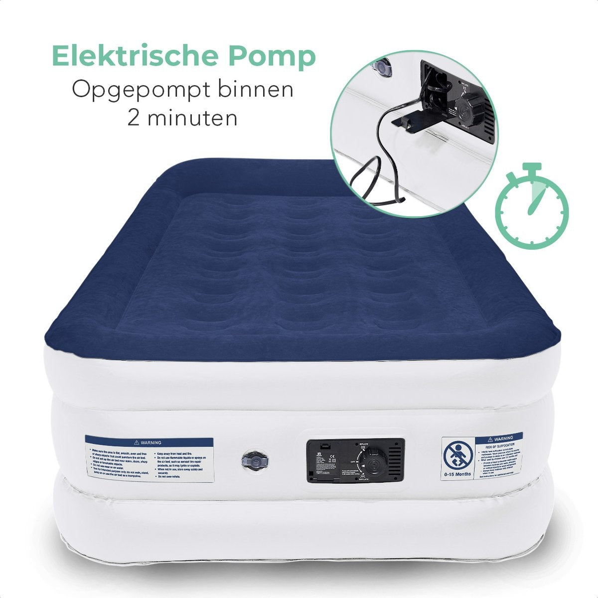 LifeGoods Luftmatratze - 1 Person - mit integrierter Pumpe - inkl. Tragetasche und Reparaturset - Weiß/Blau
