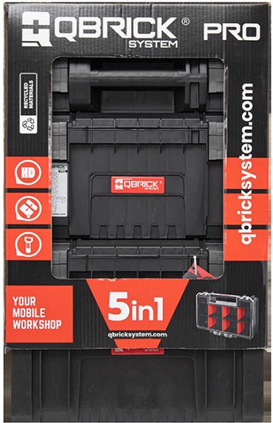 QBRICK System PRO Set 5v1 - Wagen, Werkzeugkasten, Werkzeugkasten, Organizer 100 und Organizer Multi - Schwarz