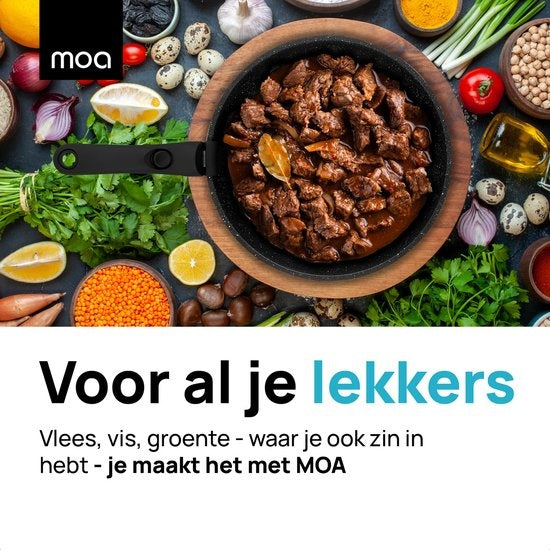 MOA Pfannenset - 5 Teile - Alle Wärmequellen - PFAS frei - Antihaftbeschichtung - Induktionspfannenset - Aluminium - Abnehmbarer Griff - Schwarz - PS501B