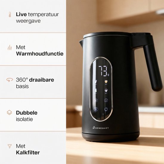 HomeShift® Wasserkocher mit Temperaturregelung – Warmhaltefunktion – doppelwandig – elektrisch – 1,7 Liter – 2200 W – schwarz