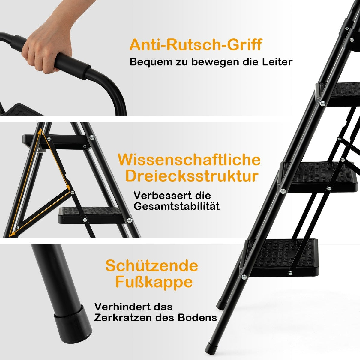 Coast Stufenleiter mit 3 Stufen klappbare Steighilfe mit rutschfesten Stufen 64 x 39 x 90 cm schwarz