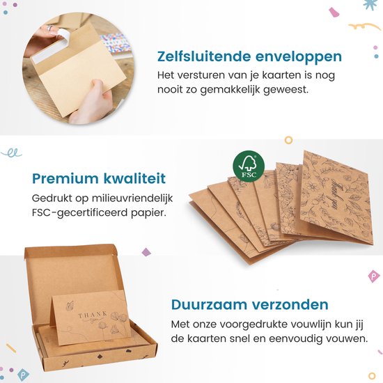 Partizzle 36x Kraft Dankeskarten Set - Dankeskarten - Grußkarten - Postkarten - Karten mit Umschlägen - 15x10 cm