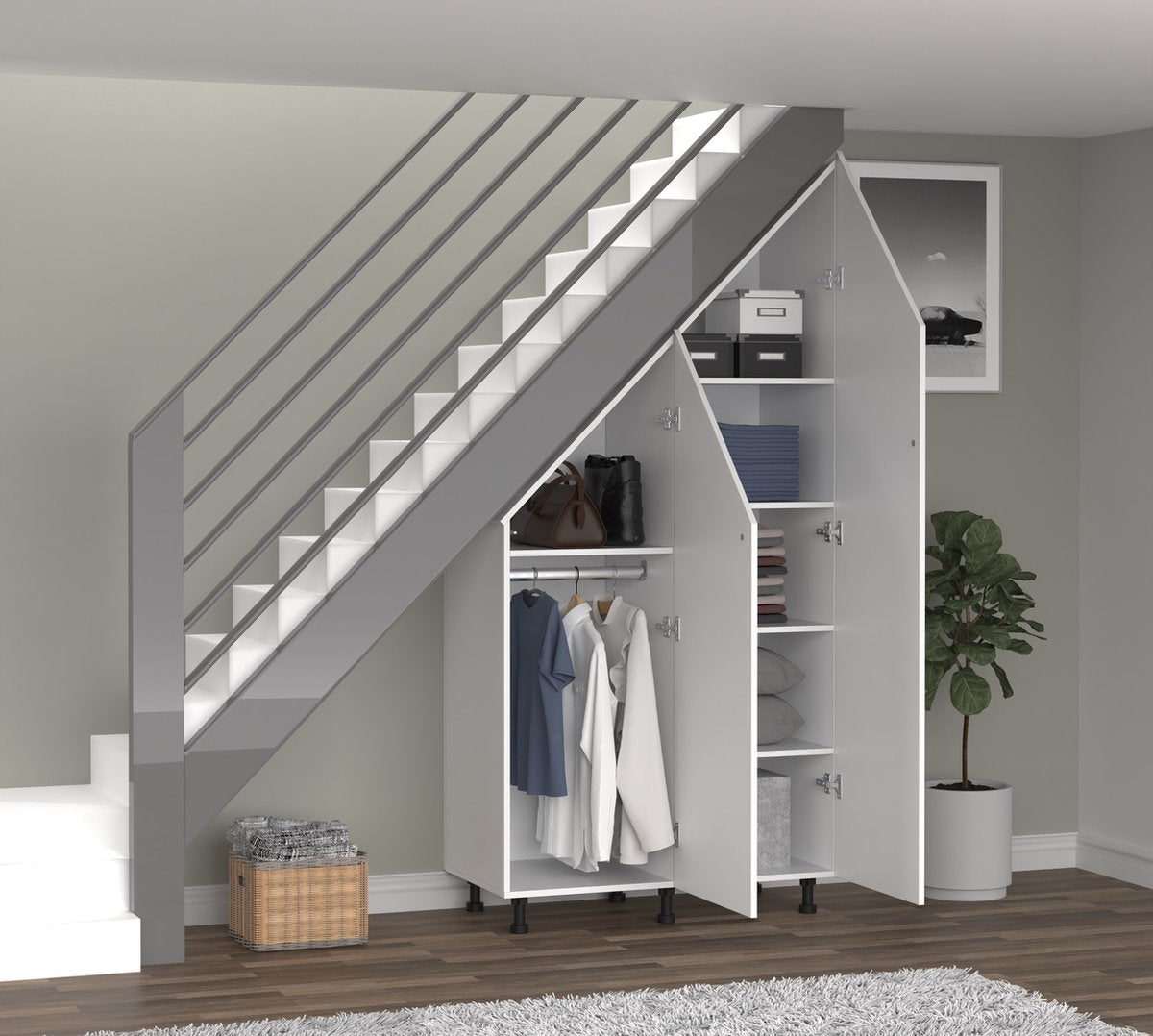 TheBestOf Furniture Aufbewahrungsschrank Weiß – Für schräge Wand – 91 x 47 x 94/182 cm