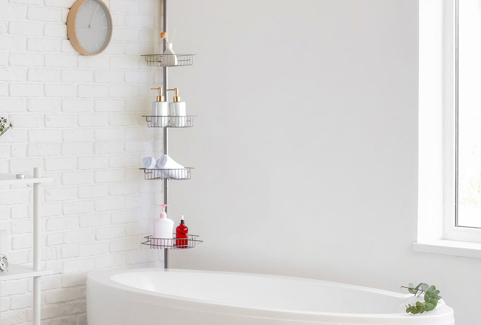 H&C Teleskopische Duschablage mit 4 Körben -21 x 21 x 152,5-268 cm - Grau