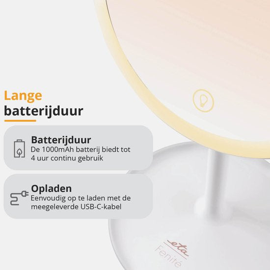 ETA Fenité Make-up-Spiegel mit Beleuchtung - Vergrößert 5-fach magnetisch - Neigbar und aufladbar über USB-C - Lichtfarbe einstellbar - Ø20 cm - Weiß