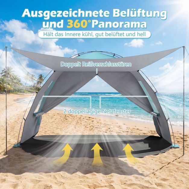 Coast Strandzelt 260 × 150 × 160 cm – Strandzelt mit Markise, UPF 50+ UV-Schutz, Netzfenstern und Tragetasche – Blau