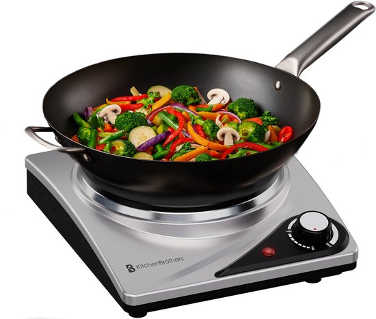 KitchenBrothers Elektrokochfeld - 1 Brenner - Freistehend - 7 Temperaturstufen - 1500W - Edelstahl/Schwarz