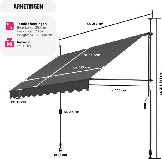 tectake - Klemmmarkise - Sonnenschirm - Markise - Verstellbar - 250 x 120 cm - schwarz grau