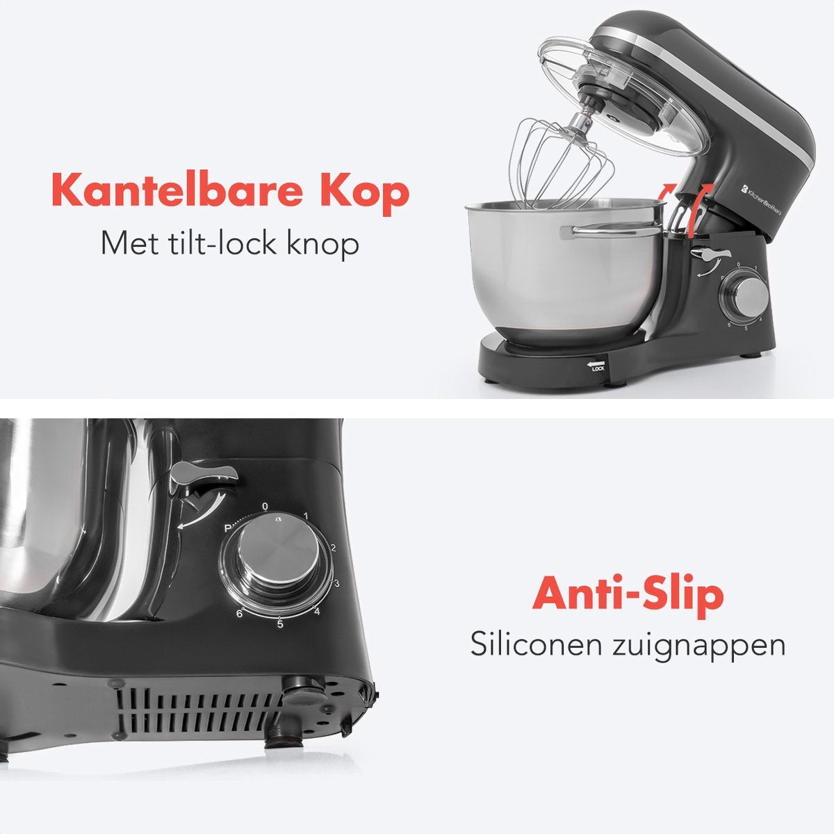 KitchenBrothers Küchenmaschine - Küchenmixer mit 6L-Edelstahl-Mixschüssel - Küchenroboter - 1400W - Anthrazit