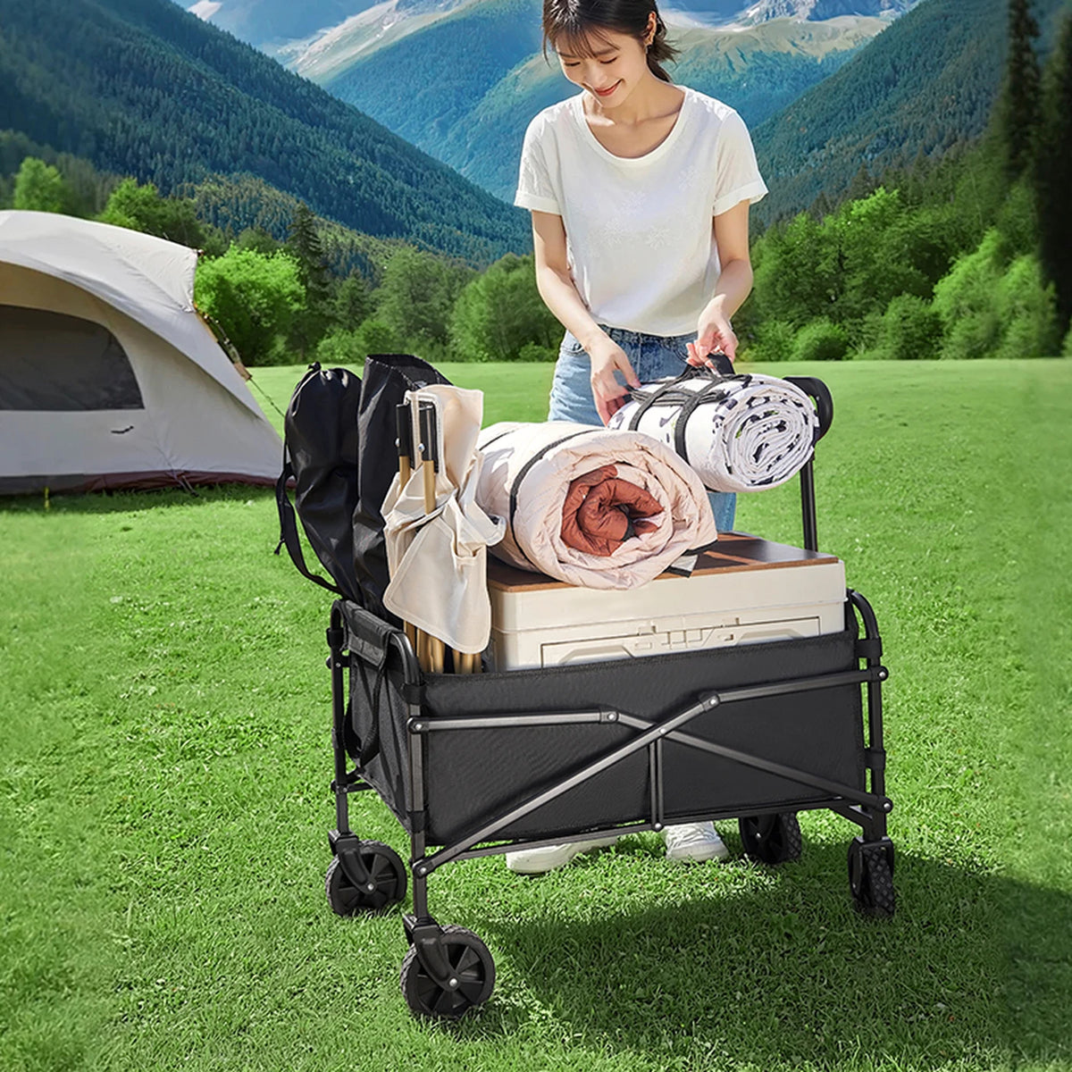 SUNCOJIA Zusammenklappbarer Handwagen mit Rädern, schwarz, 80 x 46 cm