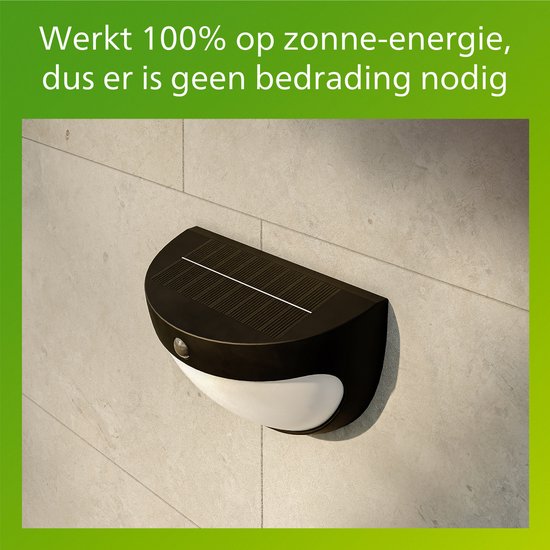 Philips Swyn Solar-Wandleuchte – Solarbetrieb – Warmweißes Licht: 2700 K – Schwarz – Zwei Leuchtstufen – Dämmerungssensor – Bewegungssensor – IP44: wetterfest – Solar-Außenbeleuchtung