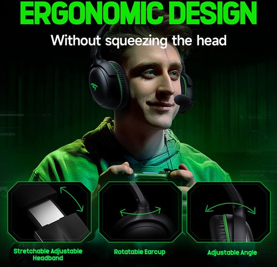 Kofire XG-ONE - Wireless Gaming Headset mit Mikrofon - Over-Ear-Kopfhörer - Xbox Serie X|S|One - Nintendo Switch/PS4/PS5/PC - Schwarz grün