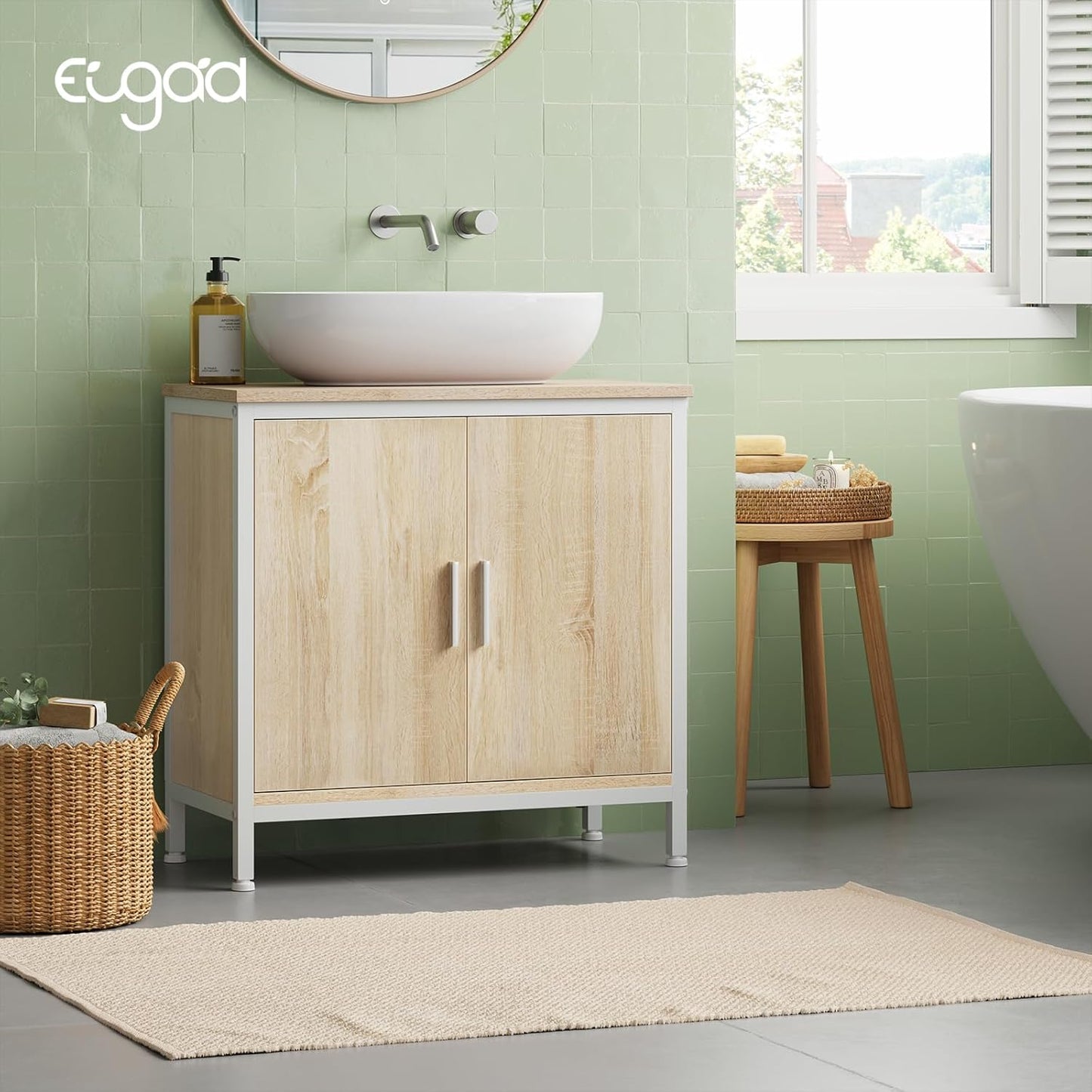EUGAD Waschtischunterschrank – 60 x 60 x 30 cm – weiß und helle Eiche – mit verstellbarer Trennwand