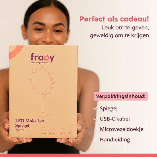 Fraay® XXL Make-up-Spiegel mit LED-Beleuchtung – 10-fache Vergrößerung – Vergrößerungsspiegel mit Licht – Wiederaufladbar – Rasierspiegel – Badezimmerspiegel – Schwarz