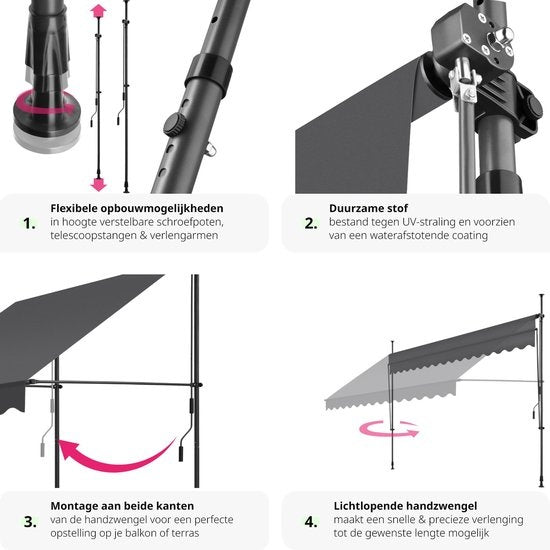 Tectake Klemmmarkise und Sonnenschirm - Markise - Verstellbar - Für Balkon - 350 x 180 cm - Schwarz grau