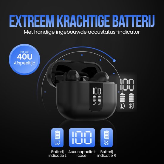 Strex Wireless Earphones - Aktive Geräuschunterdrückung - LED-Anzeige - Kabellose Bluetooth-Ohrhörer - Ohrhörer Wireless - Bluetooth 5.3 - Schwarz