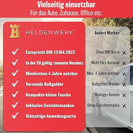 HELDENWERK Auto-Verbandskasten 2026 Europaweit einsetzbar und geprüft (nach deutschem Verkehrsrecht) - Verbandskasten Verbandskasten DIN 13164 zertifiziert - Verbandstasche - Schwarz