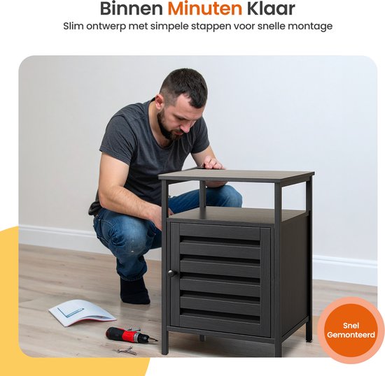 Goliving Nachttisch - 40 x 40 x 60 cm - Aufbewahrungsschrank mit Tür und Einlegeböden - Holz - Industrial - Beistelltisch Modern - Schwarz