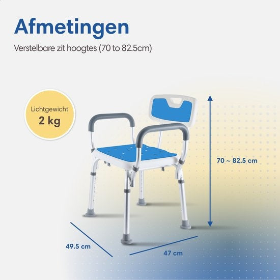SafeLife Duschstuhl - Mit abnehmbarer Rückenlehne und Armlehne - Rutschfest - Höhenverstellbar - Duschhocker