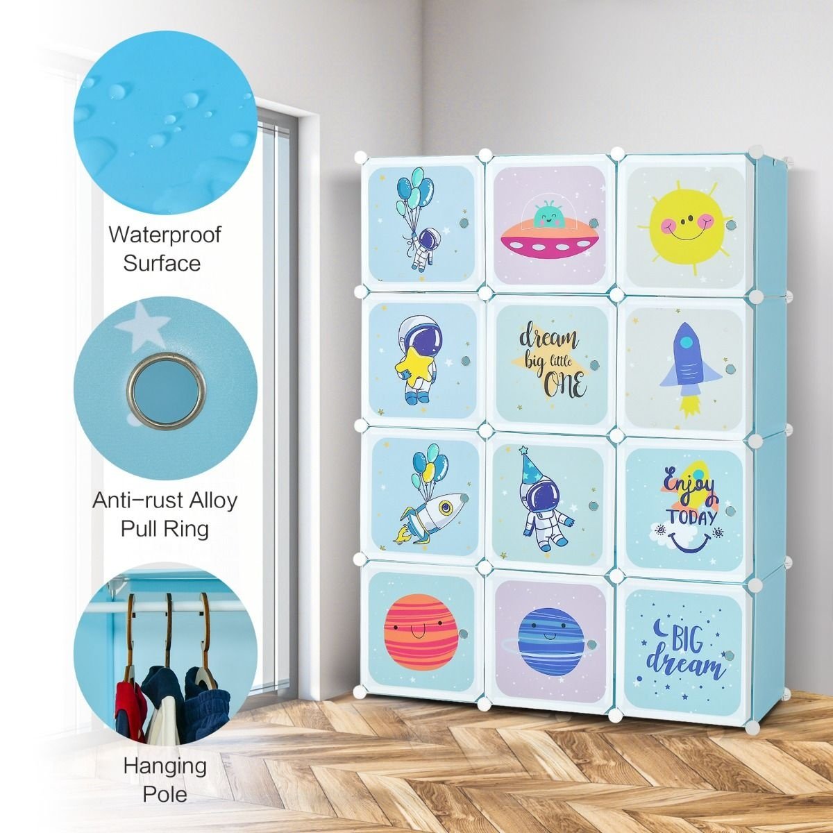Kleiderschrank für Kinder Baby Kleiderschrank mit 2 hängenden Sektionen & 12 Würfel Cute Cartoon Kommode für Kinderzimmer Spielzimmer